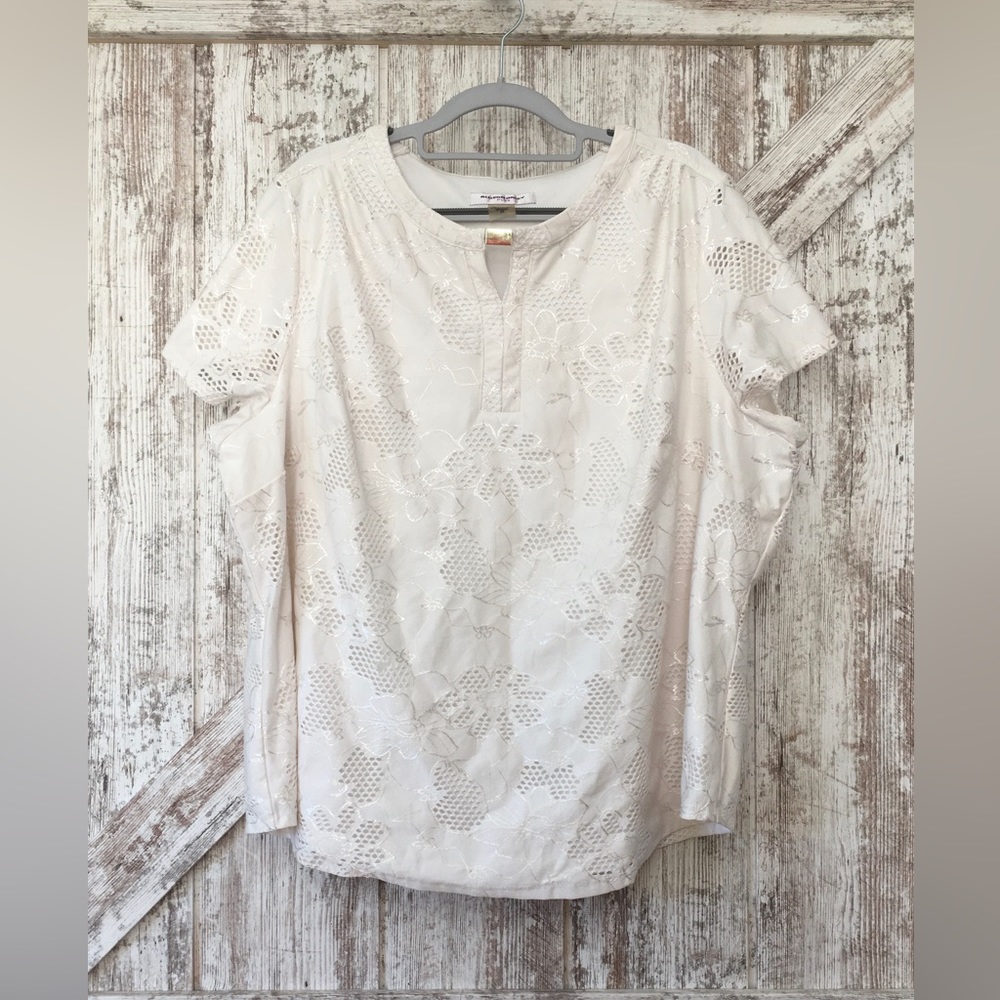 Allison Daley White Embroidered Keyhole Cap Sleeve Shirt